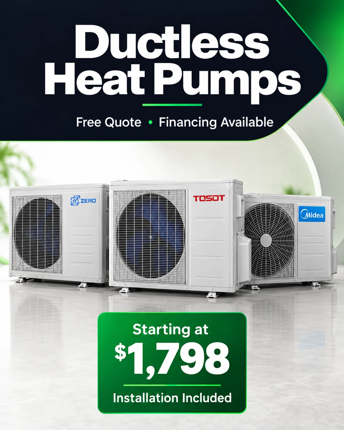 Ductless heat pumps featuring Zero, TOSOT, and Midea