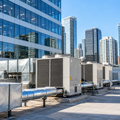 Commercial office building with rooftop HVAC systems