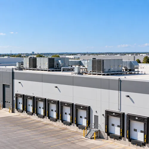 Industrial warehouse with rooftop commercial HVAC systems