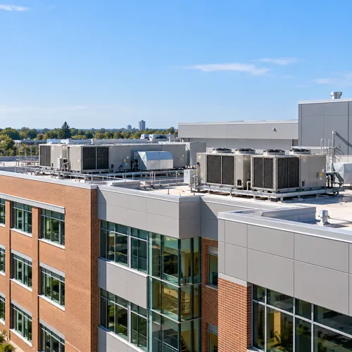 Institutional building with commercial rooftop HVAC systems