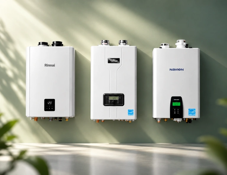 Premium tankless water heaters from Rinnai, Bradford White and Navien